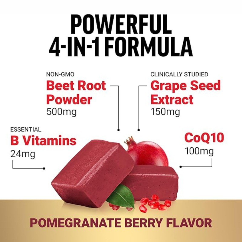 Total Beets Heart Health Chews with CoQ10, 4-in-1 Beetroot Nitrate Formula, Pomegranate Berry Flavor 60 Servings, Blood Pressure & Circulation Support Supplement