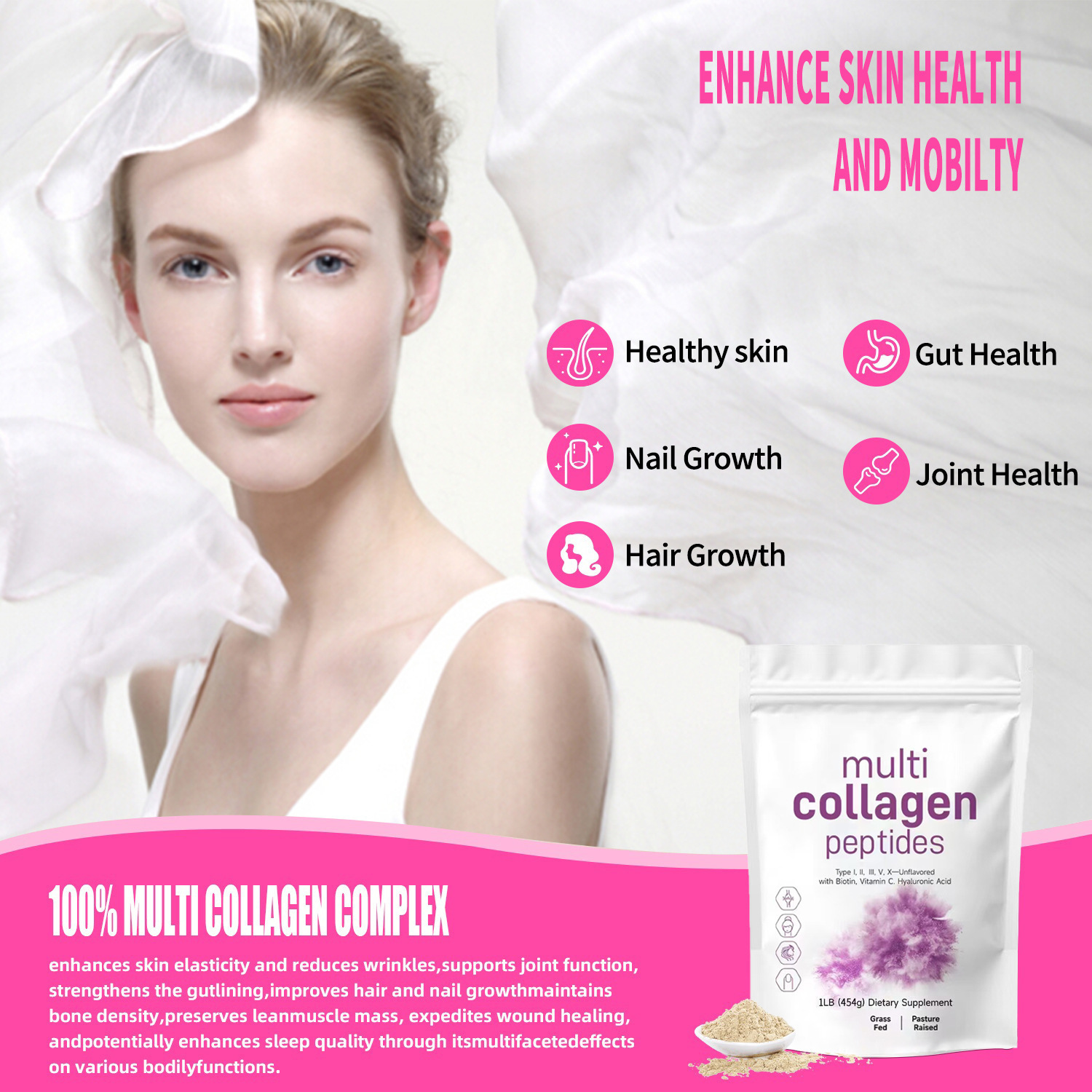 Multi Collagen Peptides Powder, 5 Types I II III V X Unflavored, Grass Fed Pasture Raised with Biotin, Vitamin C & Hyaluronic Acid, 1LB (454g) Skin Hair Nail Joint Support Supplement